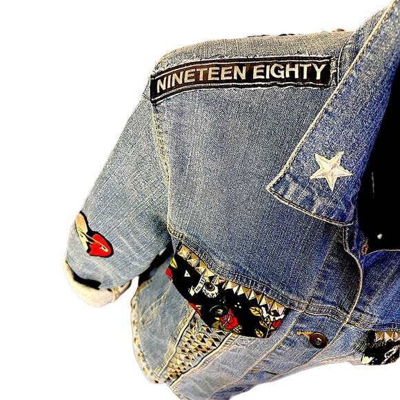 Women Reworked denim Jacket custom only 1 silver studs old school tattoo design - Picture 5 of 8